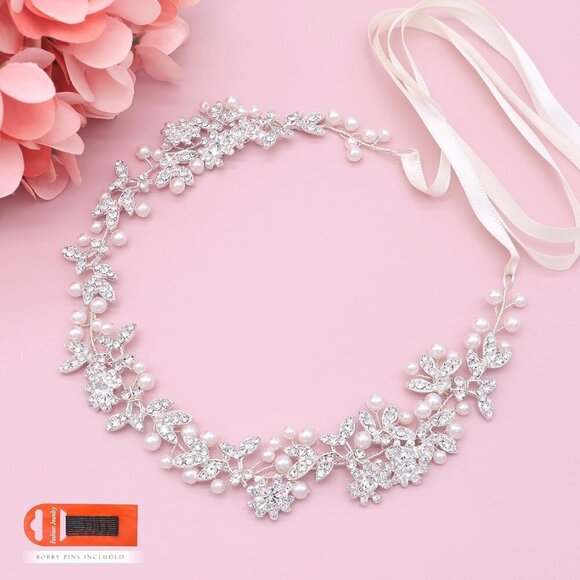 Bridal Crystal Pearl Headband Bohemian Wedding Hair Accessories for Bride main image 4